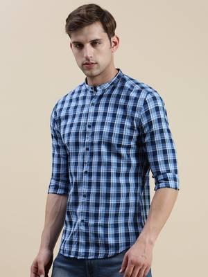 men's long sleeves gingham checks blue shirt 3