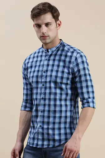 men's long sleeves gingham checks blue shirt