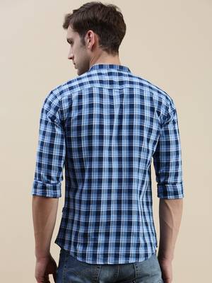men's long sleeves gingham checks blue shirt 4