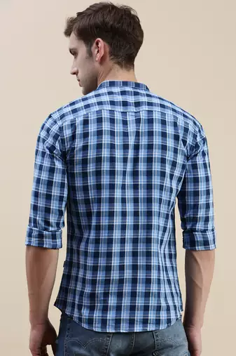 men's long sleeves gingham checks blue shirt