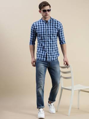 men's long sleeves gingham checks blue shirt 5
