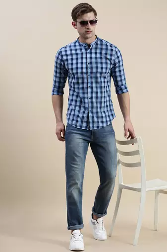 men's long sleeves gingham checks blue shirt