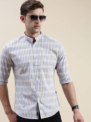 men's long sleeves gingham checks cream shirt 1