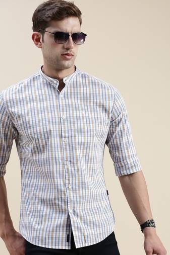men's long sleeves gingham checks cream shirt