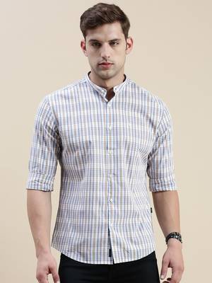 men's long sleeves gingham checks cream shirt 2