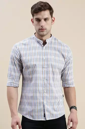 men's long sleeves gingham checks cream shirt