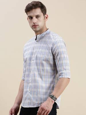 men's long sleeves gingham checks cream shirt 3