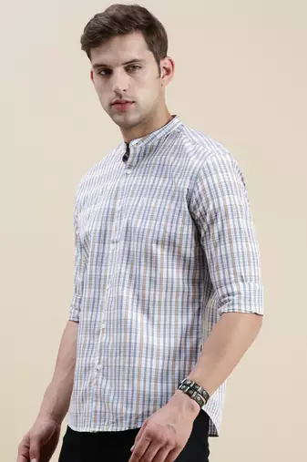 men's long sleeves gingham checks cream shirt