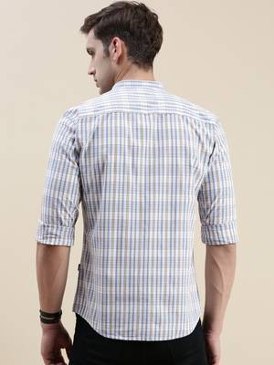 men's long sleeves gingham checks cream shirt 4