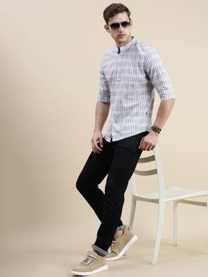 men's long sleeves gingham checks cream shirt 5