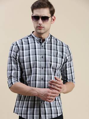 men's long sleeves gingham checks grey shirt 1