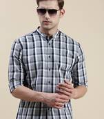 men's long sleeves gingham checks grey shirt