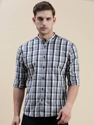 men's long sleeves gingham checks grey shirt 2