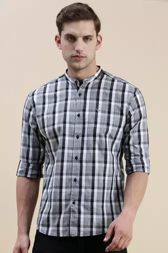men's long sleeves gingham checks grey shirt