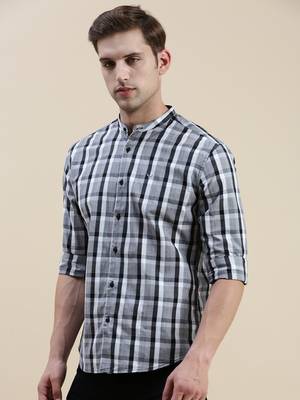 men's long sleeves gingham checks grey shirt 3