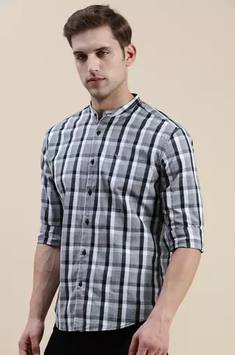 men's long sleeves gingham checks grey shirt