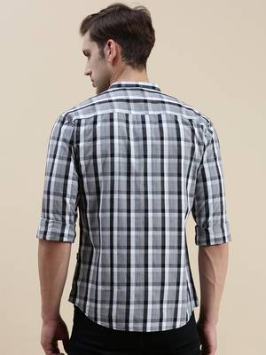 men's long sleeves gingham checks grey shirt 4