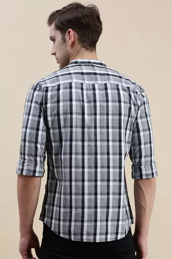 men's long sleeves gingham checks grey shirt