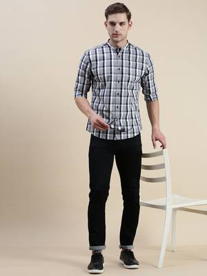 men's long sleeves gingham checks grey shirt 5