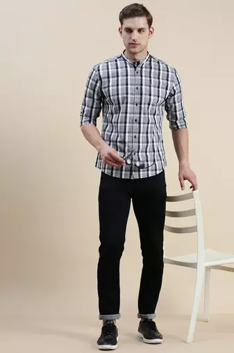 men's long sleeves gingham checks grey shirt