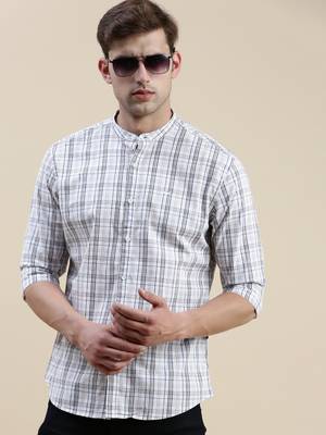 men's long sleeves gingham checks off white shirt 1