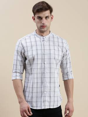 men's long sleeves gingham checks off white shirt 2