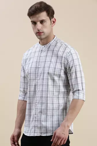 men's long sleeves gingham checks off white shirt