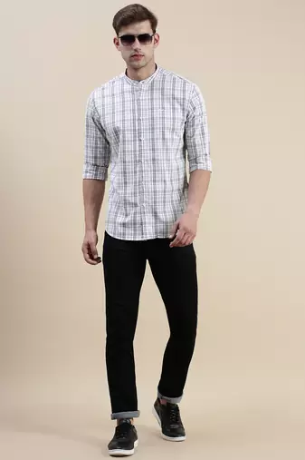 men's long sleeves gingham checks off white shirt