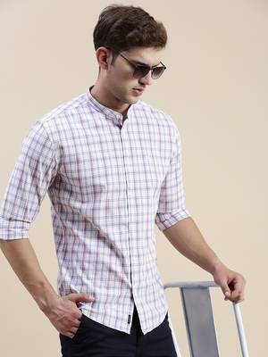 men's long sleeves gingham checks white shirt 1