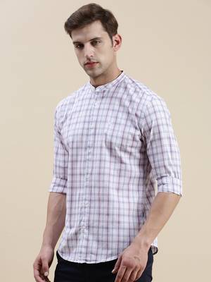 men's long sleeves gingham checks white shirt 3