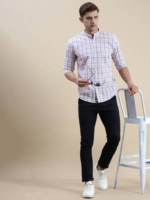 men's long sleeves gingham checks white shirt 5