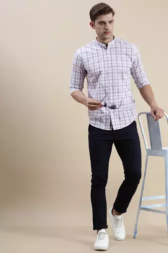 men's long sleeves gingham checks white shirt