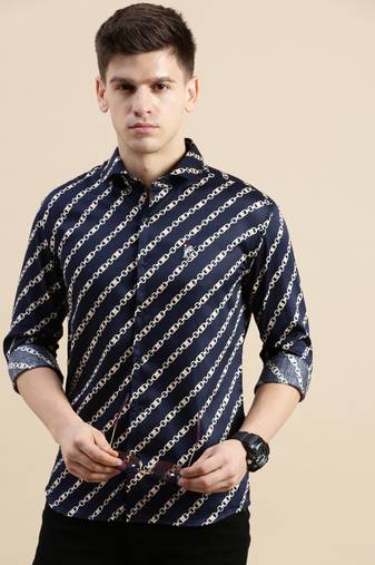 men's long sleeves abstract navy blue shirt