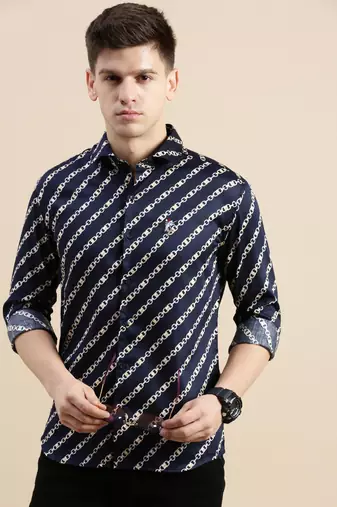 men's long sleeves abstract navy blue shirt