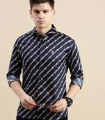 men's long sleeves abstract navy blue shirt