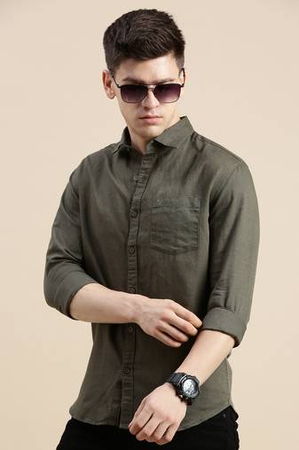 Showoff men's long sleeves solid olive shirt