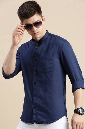 men's long sleeves solid navy blue shirt