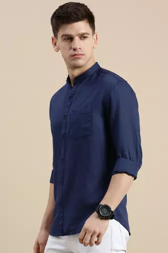men's long sleeves solid navy blue shirt