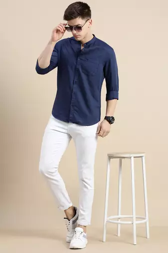 men's long sleeves solid navy blue shirt
