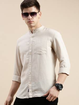 men's long sleeves solid beige shirt 1