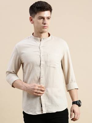 men's long sleeves solid beige shirt 2