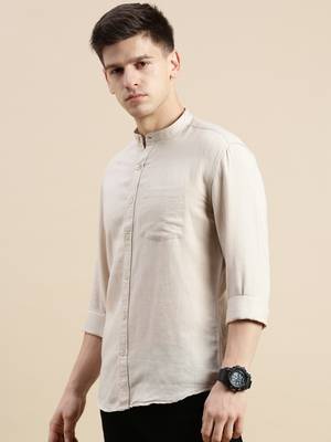 men's long sleeves solid beige shirt 3