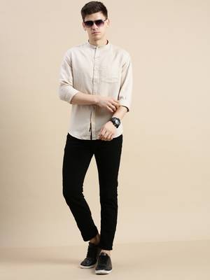 men's long sleeves solid beige shirt 5