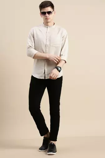 men's long sleeves solid beige shirt