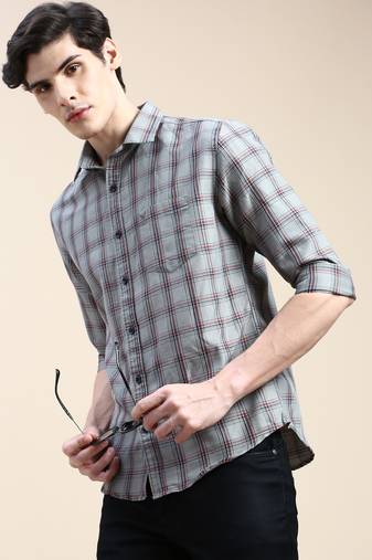 men's long sleeves gingham checks grey shirt
