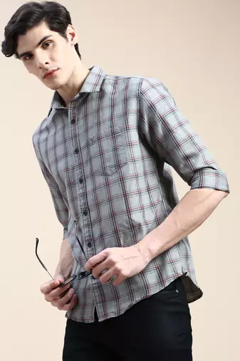 men's long sleeves gingham checks grey shirt