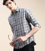 men's long sleeves gingham checks grey shirt