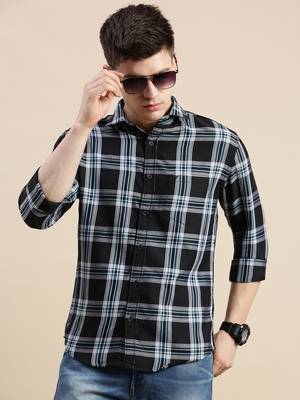 men's long sleeves gingham checks black shirt 1