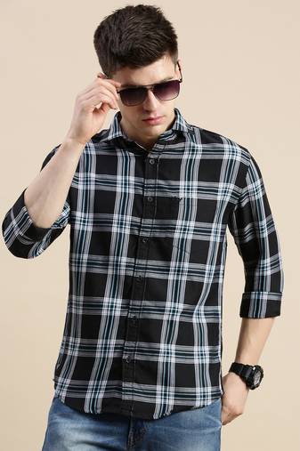 men's long sleeves gingham checks black shirt