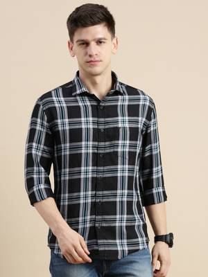 men's long sleeves gingham checks black shirt 2